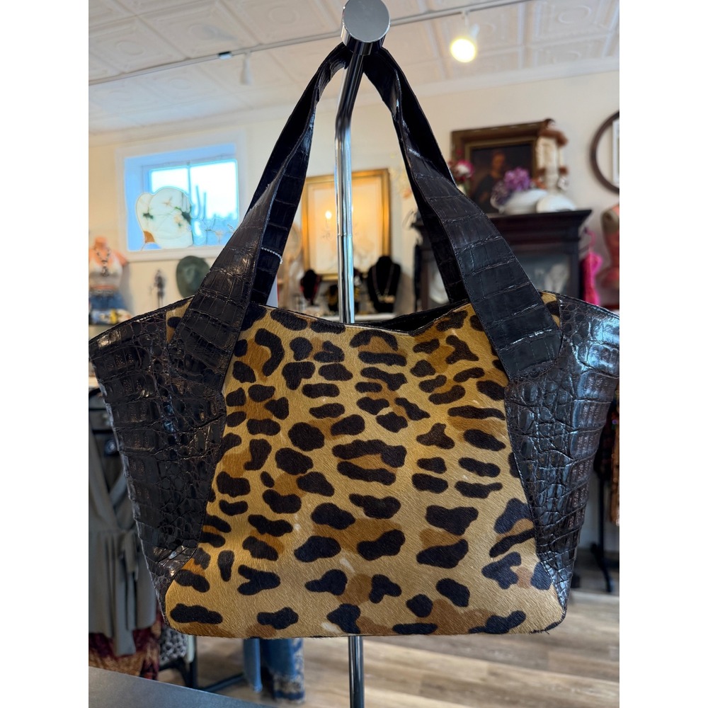 Nancy Gonzalez Leopard Calf Hair Caiman Crocodile Leather Shoulder Tote Bag